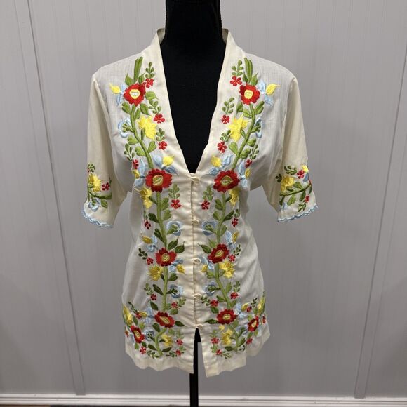 Unbranded Tops - Cream Embroidered Floral V-Neck Blouse